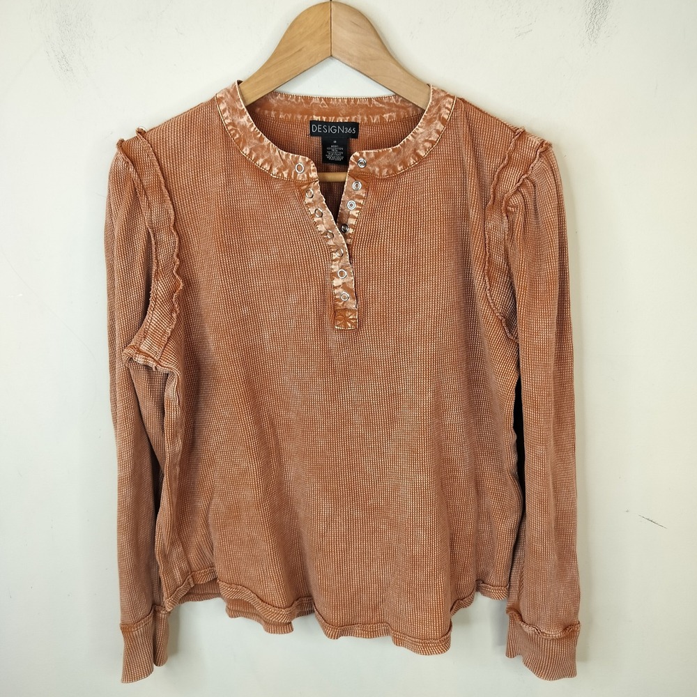 Design 365 Thermal Henley Top Womens Medium Long Sleeve Boho Rust Orange